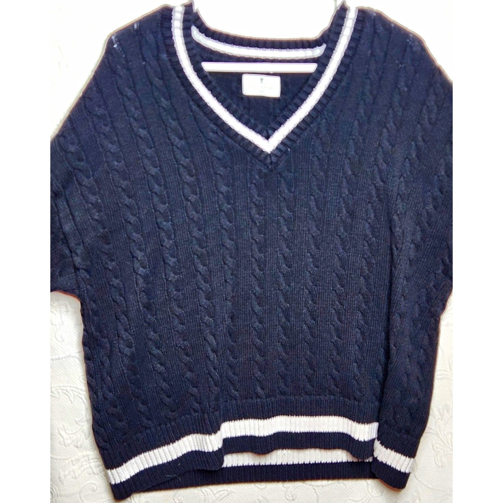 American Tall Men's XL Big & Tall Navy Cable-Knit V-Neck Pullover Sweater